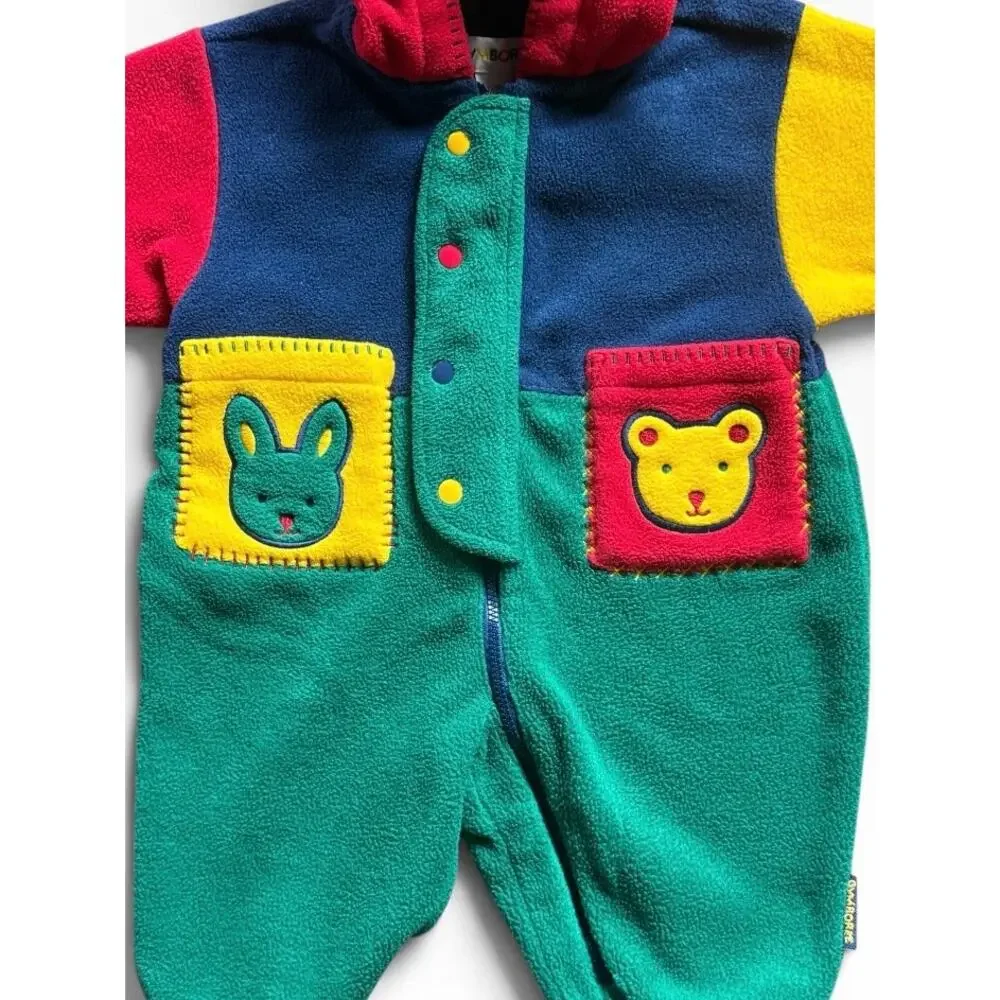 Vintage Gymboree Newborn Colorblock Fleece Hooded Snowsuit One Piece Baby